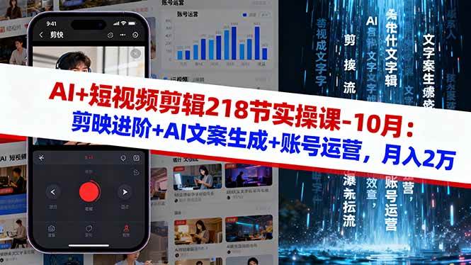 218节AI+短视频剪辑实操课，10月开课！剪映进阶+AI文案+账号运营，轻松月入2万-安索博客网