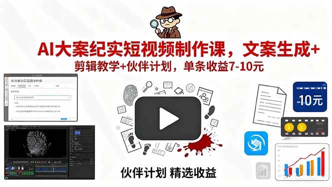 （15992期）AI大案纪实短视频制作课，文案生成+剪辑教学+伙伴计划，单条收益7-10元-安索博客网