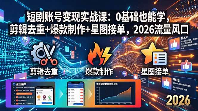 短剧账号变现实战课：零基础也能玩，剪辑去重+爆款制作+星图接单，2026年流量新风口！-安索博客网
