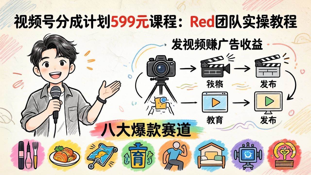 视频号分成计划599元课程：Red团队实操教程，发视频赚广告收益，八大爆款赛道全掌握-安索博客网